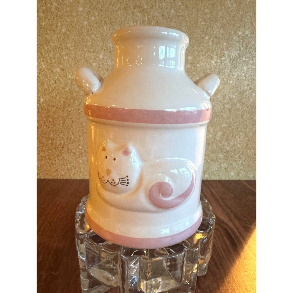 🐾🥛 Vintage Ceramic Cat Milk Can Canister – Pink & White – Made in Brazil 🥛🐾